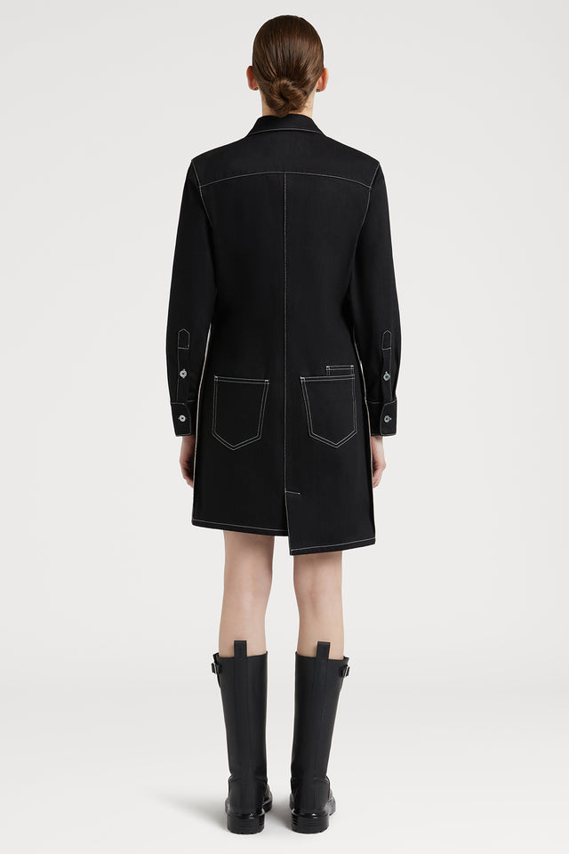 Black Denim Asymmetric Dress with Contrast Stitching
