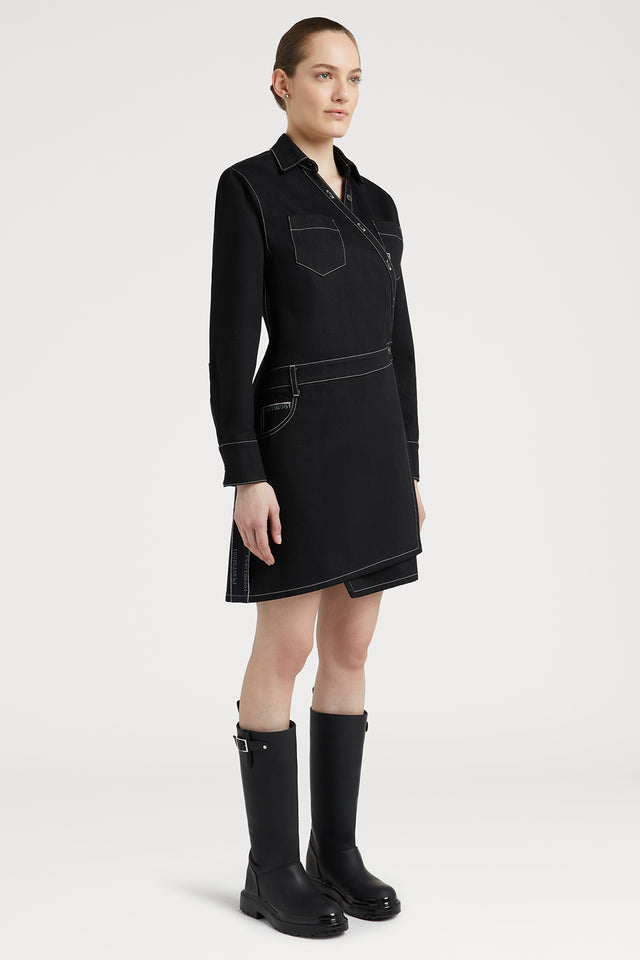 Black Denim Asymmetric Dress with Contrast Stitching