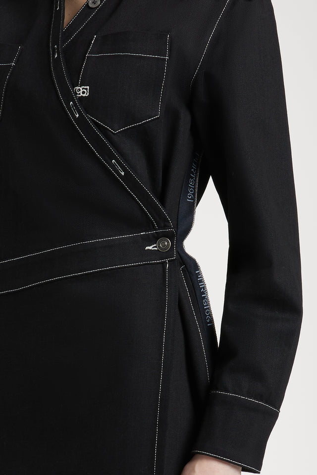 Black Denim Asymmetric Dress with Contrast Stitching