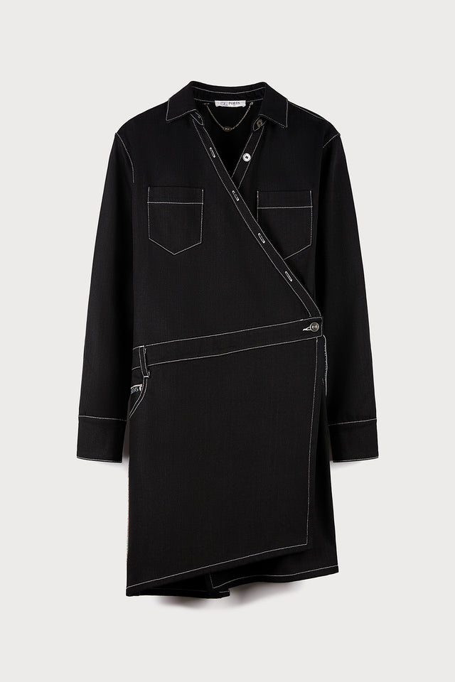 Black Denim Asymmetric Dress with Contrast Stitching
