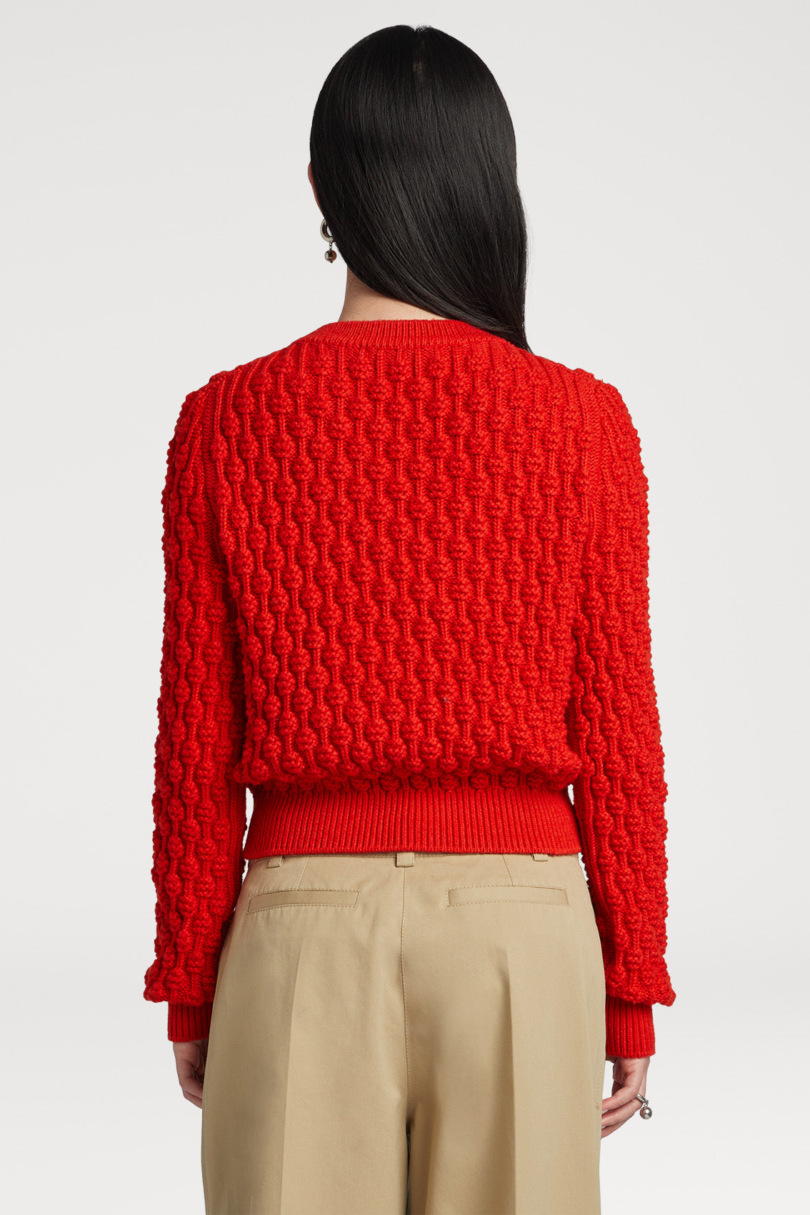 Crew Neck Felted Bubble Long Sleeve Sweater Top in Fire Red