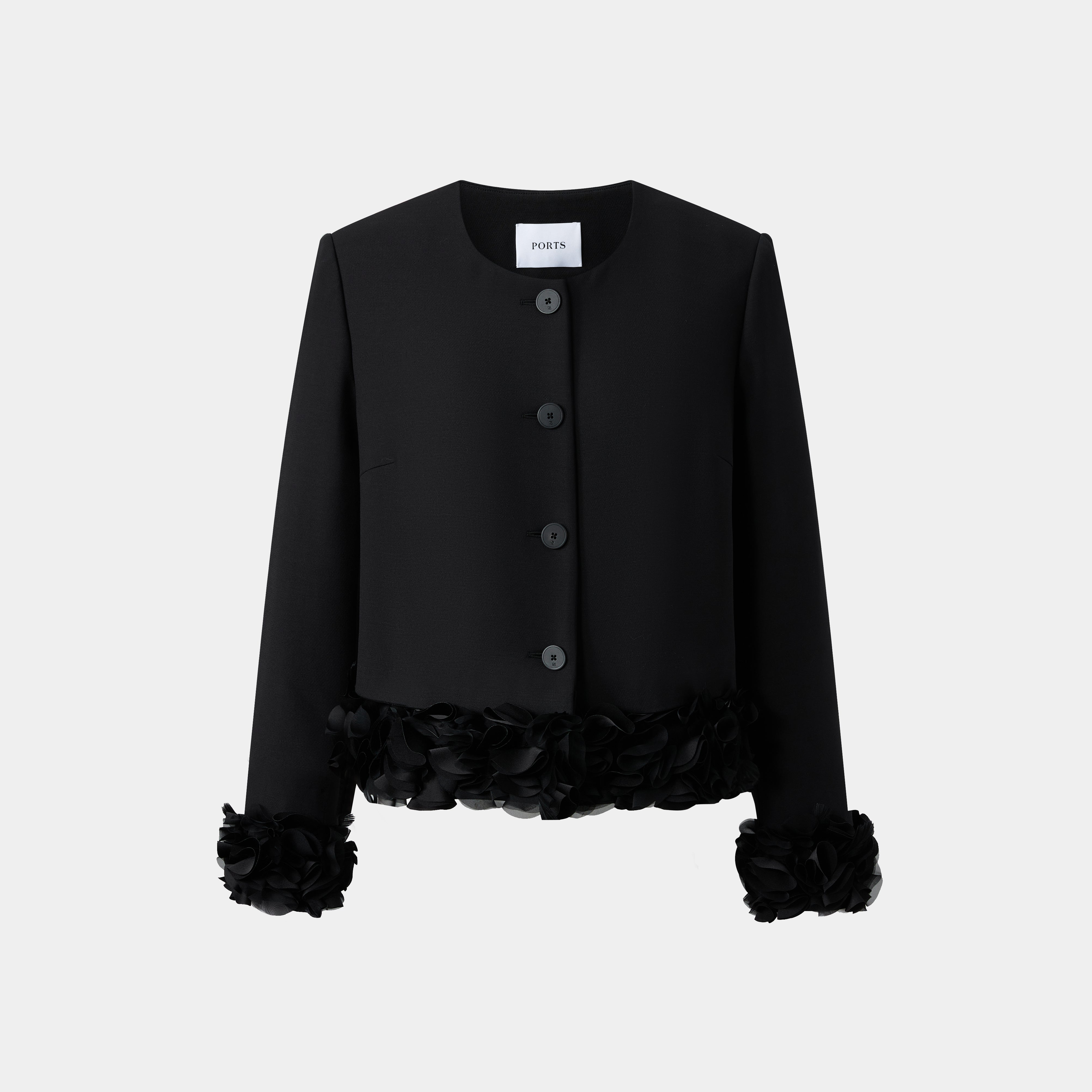 CLASSIC BLACK JACKET WITH FRINGE DETAILS AROUND THE CUFFS, EFFORTLESSL ...