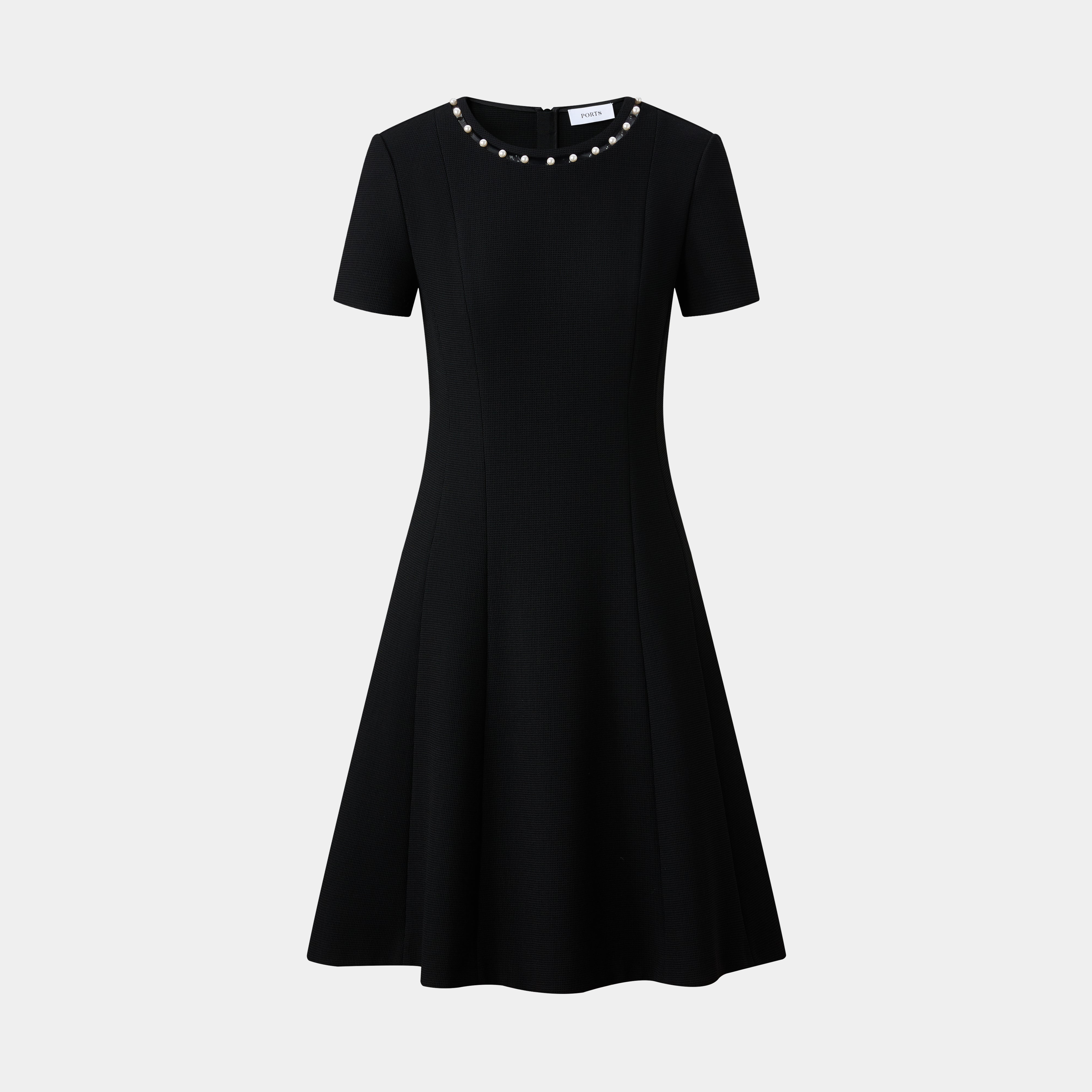 CLASSIC ESSENTIAL LITTLE BLACK DRESS, WITH WHITE CONTRAST AROUND COLLAR