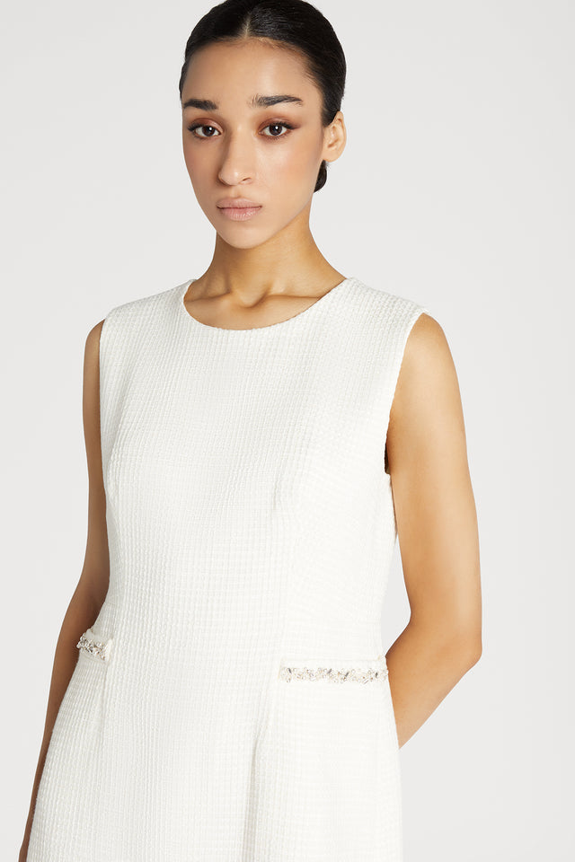 Sleeveless Tweed Dress with Beading Trim