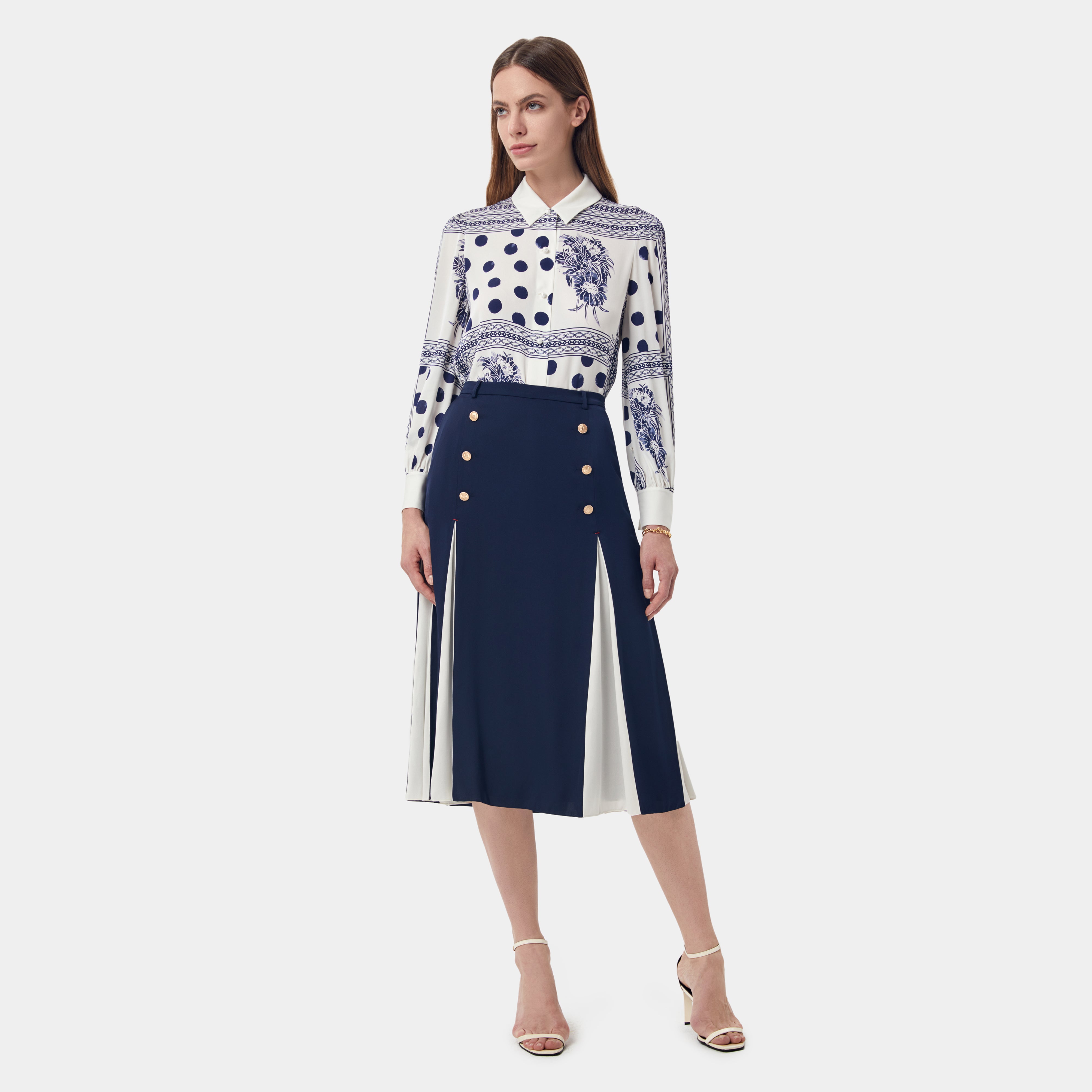 White and Navy Contrast Silk Skirt