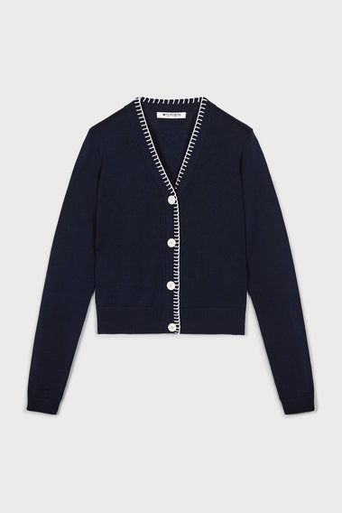 STYLISH NAVY & WHITE CONTRAST TOP STITCH CARDIGAN