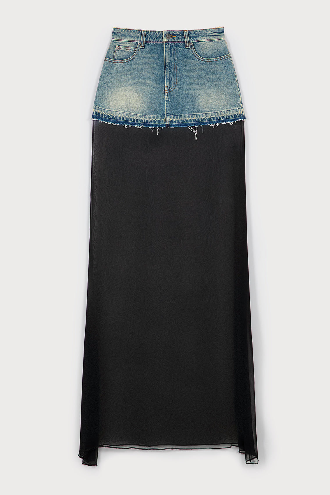 Sheer-Panel Washed-Denim Skirt