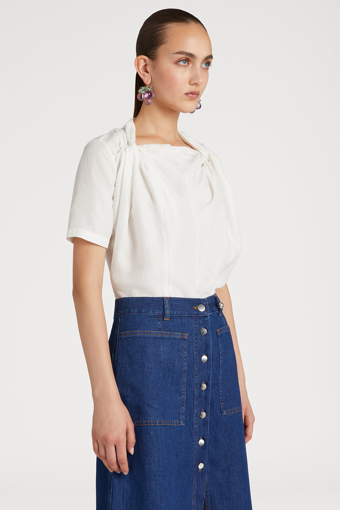 Ivory Pleated Shoulder Silk Blouse