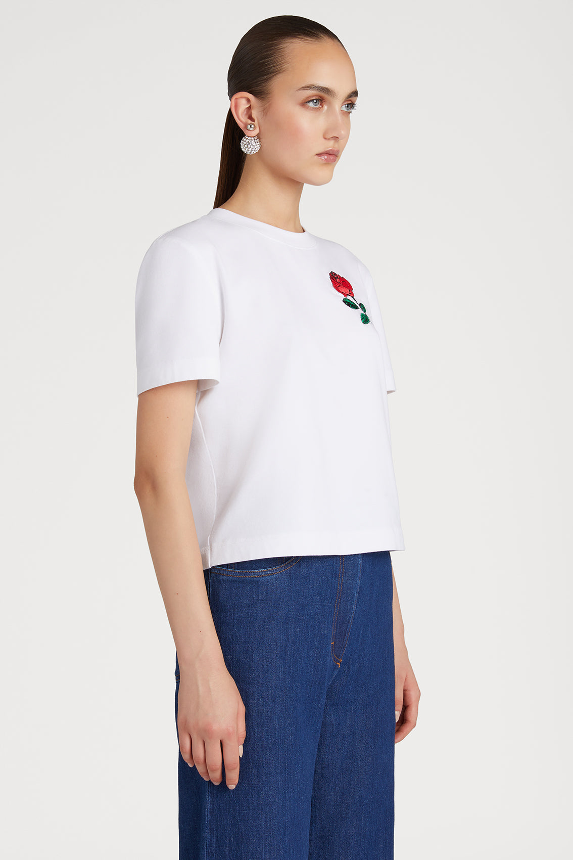 Cropped Jersey T-shirt with Rose Print
