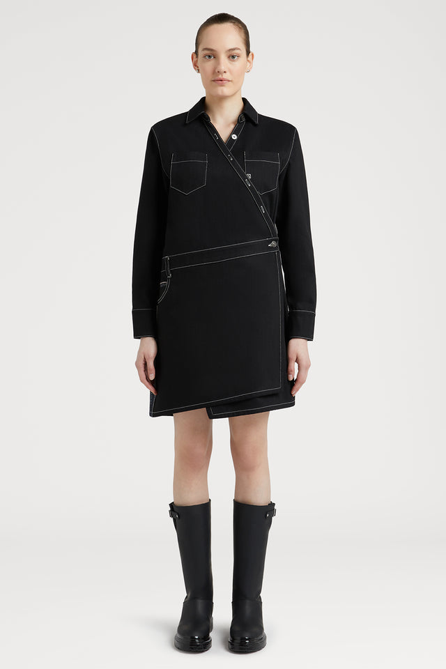 Black Denim Asymmetric Dress with Contrast Stitching