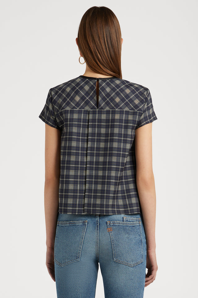 Checkered Short Sleeve High Low Blouse