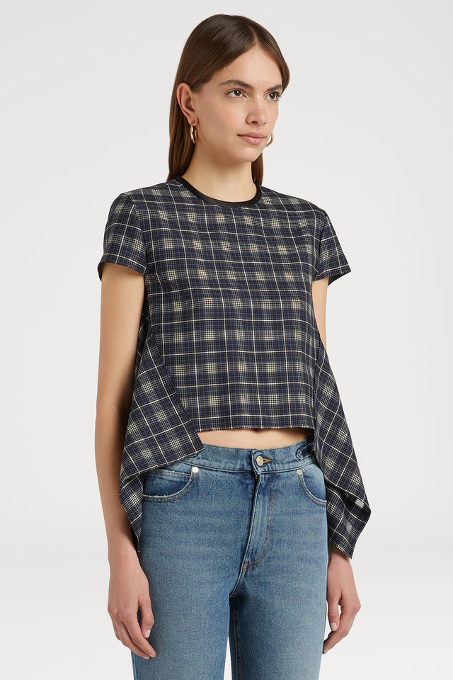 Checkered Short Sleeve High Low Blouse