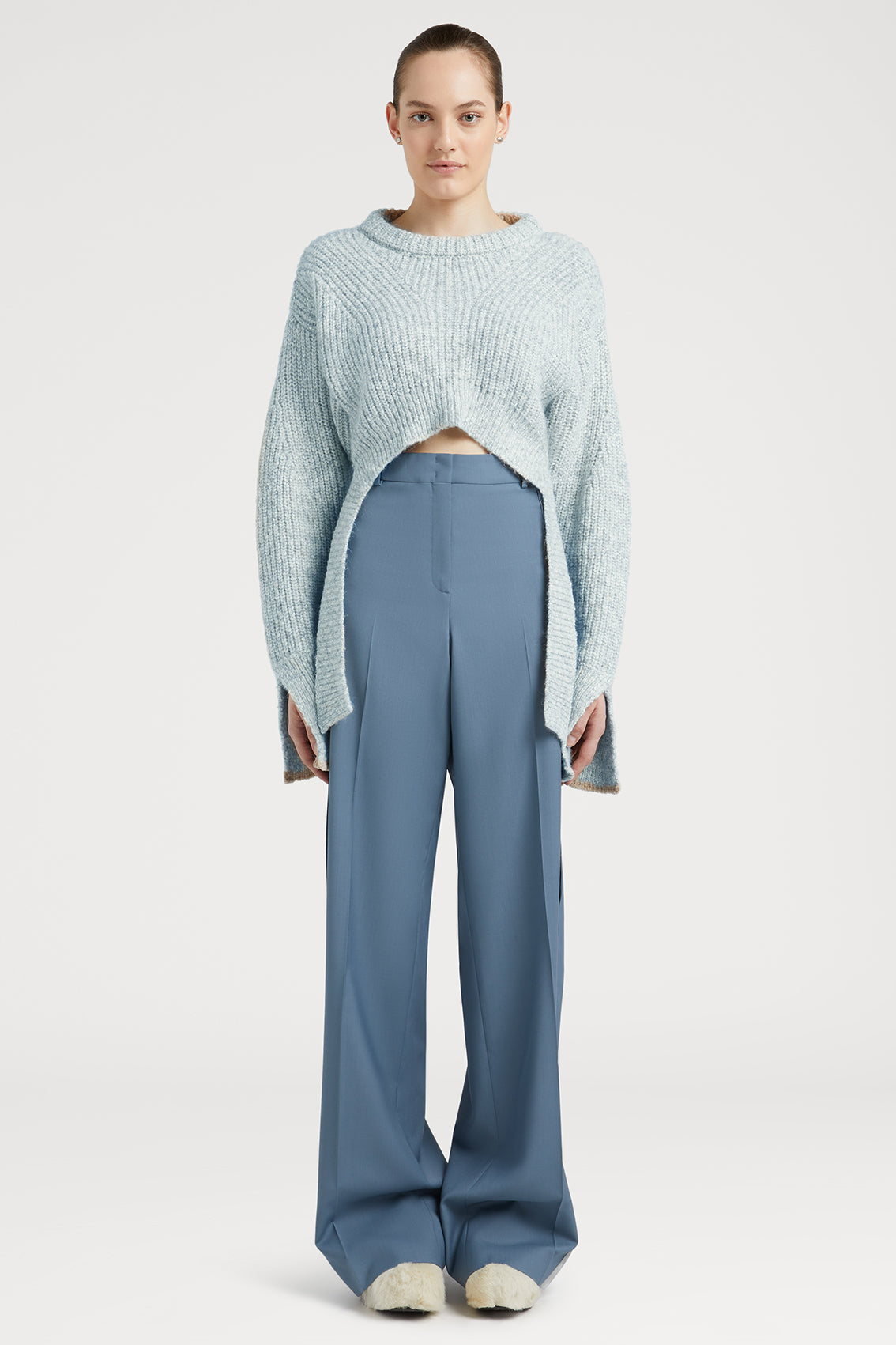 Crew Neck Cropped Sweater Top in Sky Blue