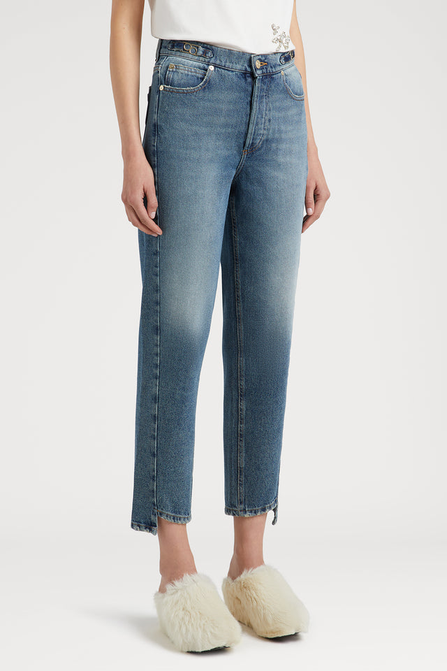 Boyfriend Denim Pants with Logo Buckle