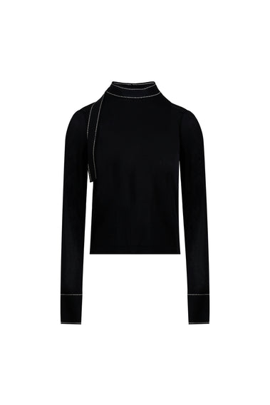 BLACK CONTRAST STITCHING ROUND-NECK KNITWEAR