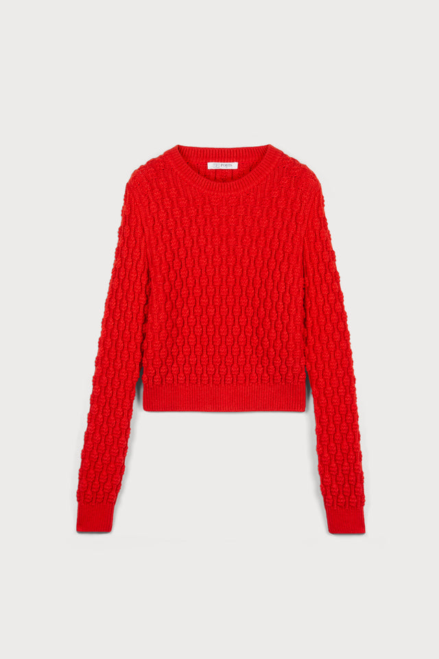 Crew Neck Felted Bubble Long Sleeve Sweater Top in Fire Red