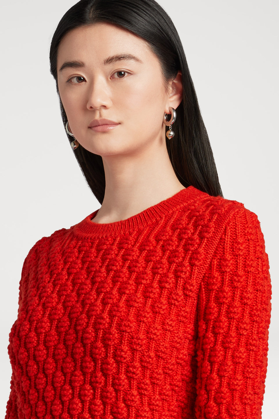 Crew Neck Felted Bubble Long Sleeve Sweater Top in Fire Red Ports1961