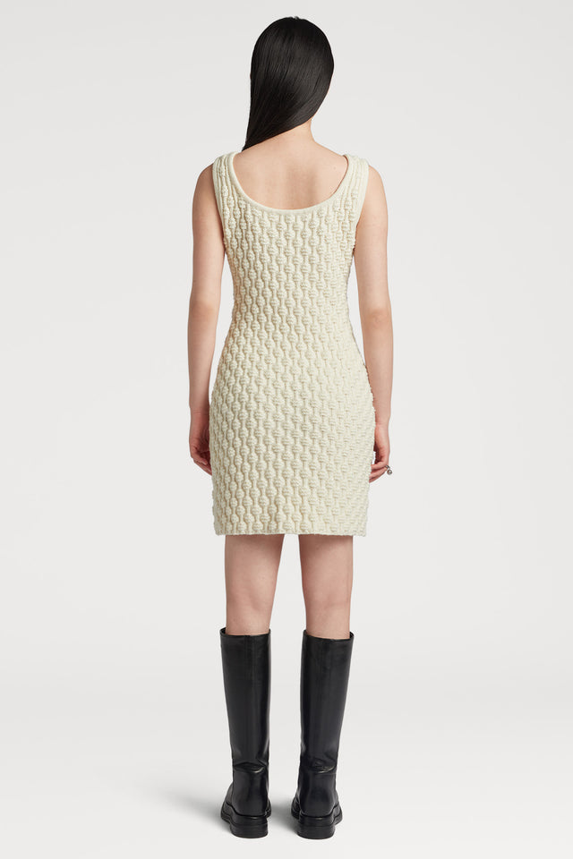 Sleeveless Bubble Stitch Knitted Dress in Ivory