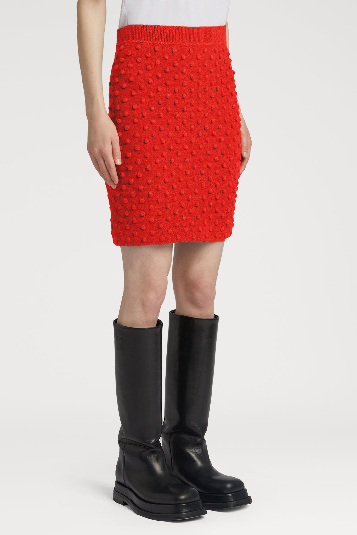 Felted Bubble Knitted Mini Skirt in Fire Red