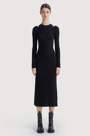 Stylish Shoulder Cut-Out Knit Dress in Black