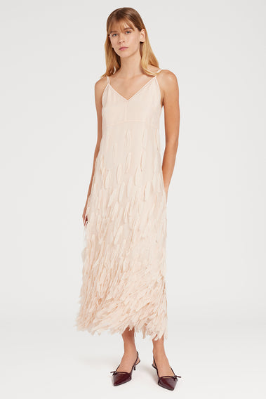 EXQUISITE SILK DRESS WITH FEATHER EMBROIDERY