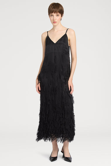 STUNNING BLACK DRESS WITH CHIC FRINGE TRIMMING