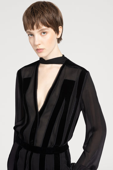 BLACK SILK STRIPED BLOUSE