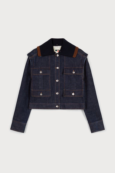 CLASSIC DENIM JACKET WITH PATCHED KNIT COLLAR