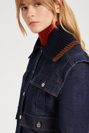 CLASSIC DENIM JACKET WITH PATCHED KNIT COLLAR
