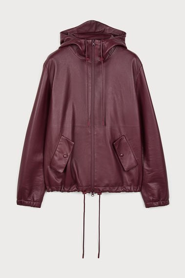 HOODED BURGUNDY LEATHER JACKET