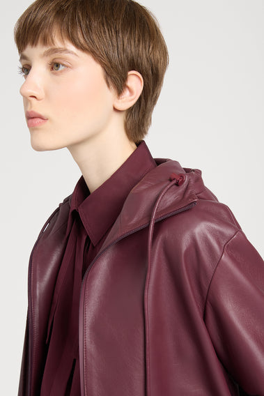HOODED BURGUNDY LEATHER JACKET