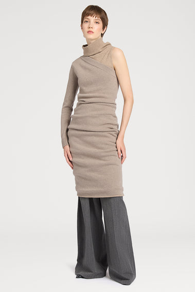 SOFT BEIGE SINGLE SLEEVE TURTLENECK DRESS