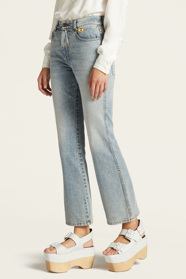WASHED DENIM FLARE JEANS