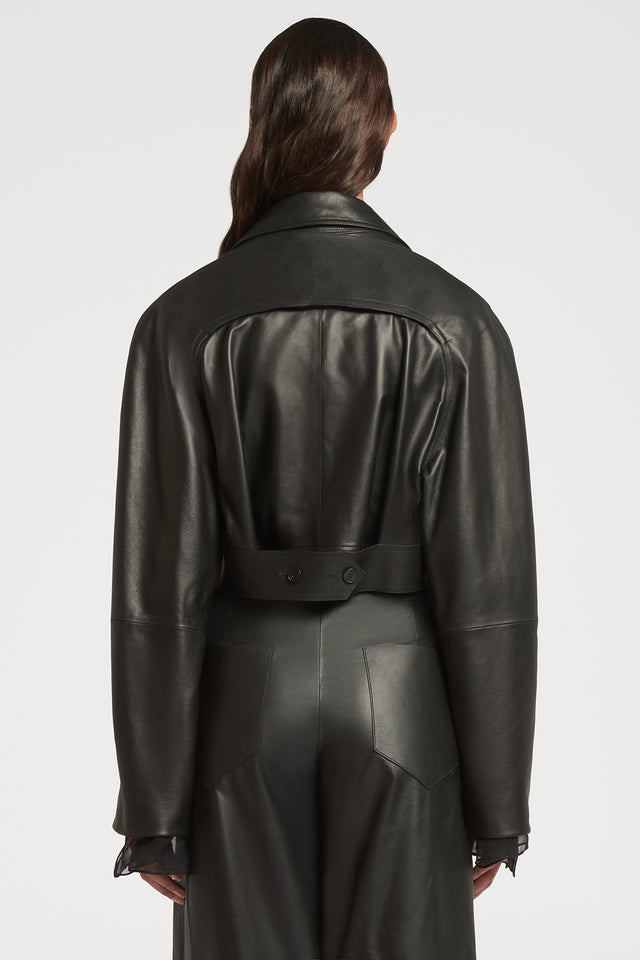 Cropped Leather Jacket with Sleeve Detail