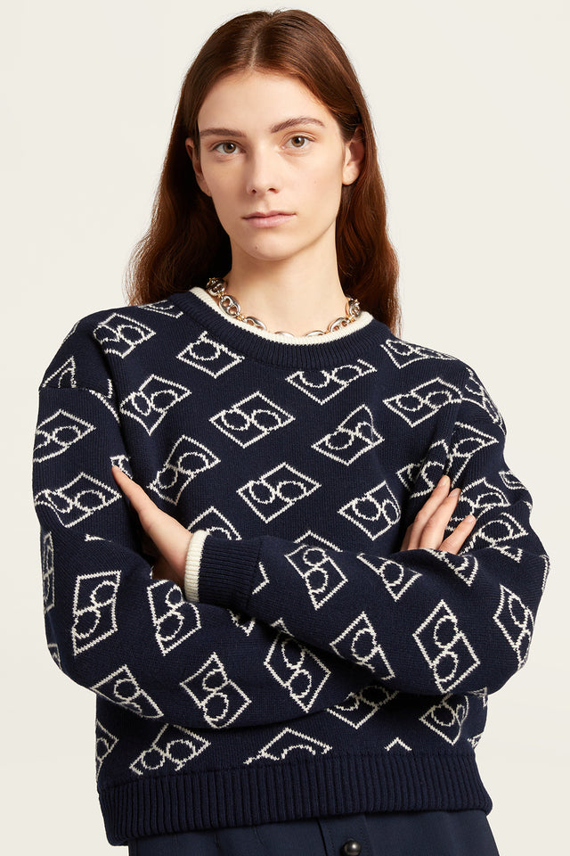 Bias Knit Logo Sweater with Contrast Collar