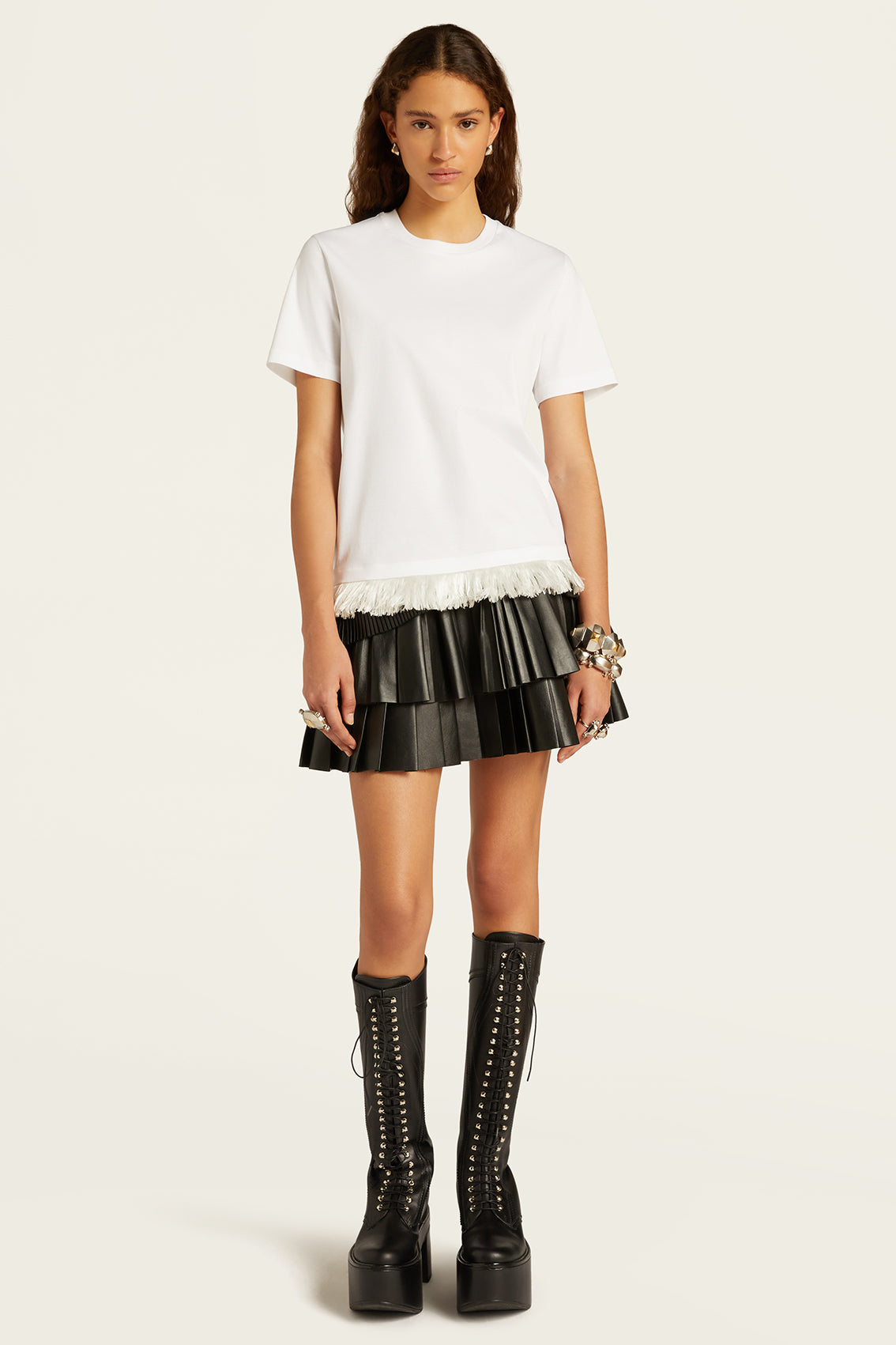 Pleat and Ruffle Tiered Leather Mini Skirt