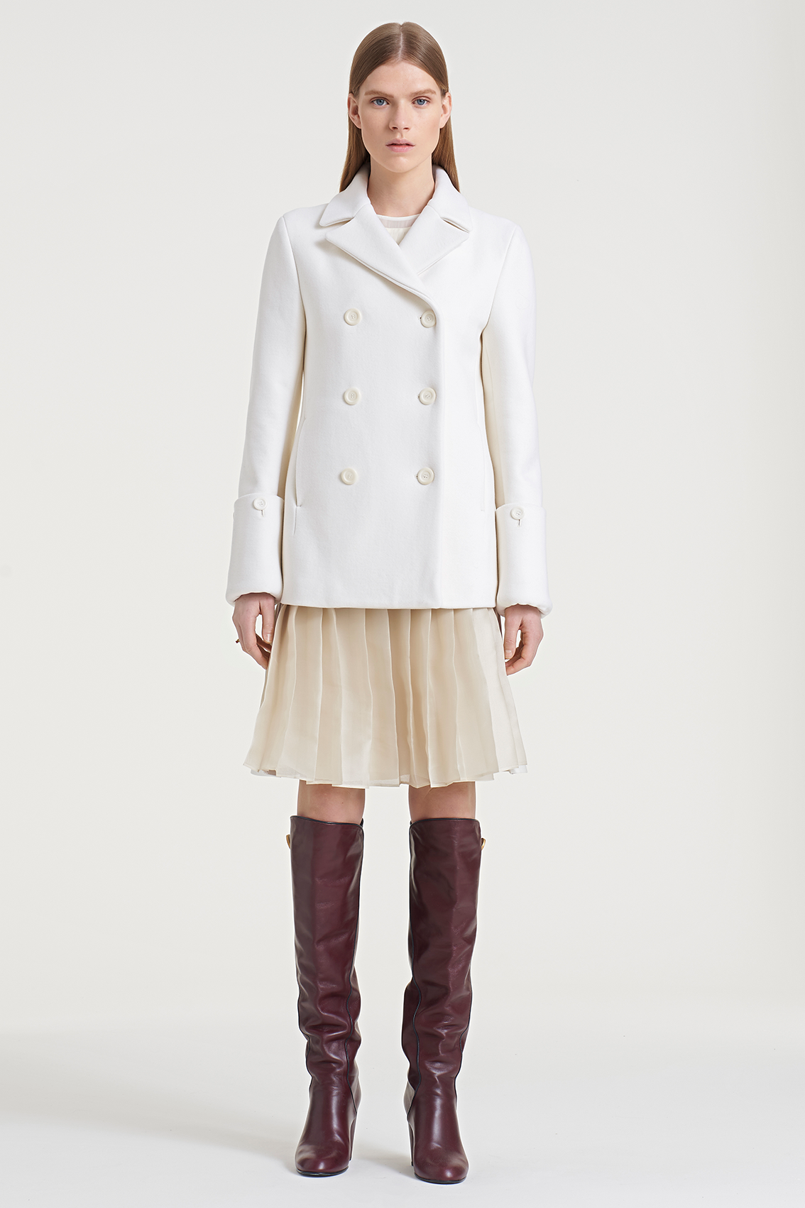 Button Cuff White Double Breasted Peacoat