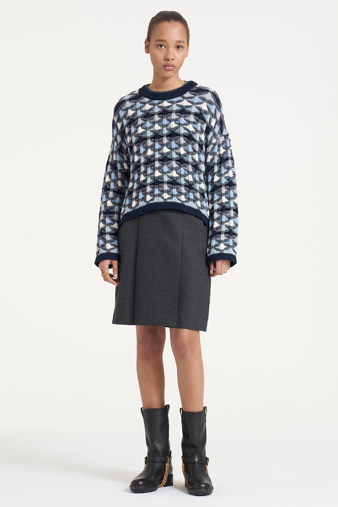 Geometric Patterned Textured Knit Pullover